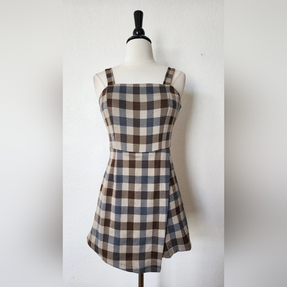 Plaid Square Neck A-Line Dress in Brown and Blue